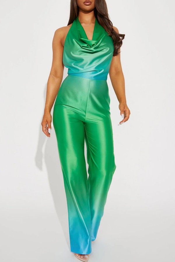 Green Sexy Casual Gradual Change Print Backless Halter Regular Jumpsuits