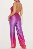 Purple Sexy Casual Gradual Change Print Backless Halter Regular Jumpsuits