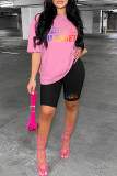 Pink Casual Letter Print Basic O Neck Short Sleeve Two Pieces