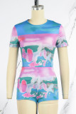 Purple Casual Street Print O Neck Short Sleeve Two Pieces