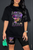 Pink Casual Print Basic O Neck Short Sleeve Two Pieces