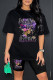 Black Casual Print Basic O Neck Short Sleeve Two Pieces