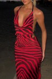 Red Sexy Print Backless Slit Spaghetti Strap Long Dress Dresses