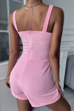 Pink Casual Simplicity Solid Patchwork Cut Out Spaghetti Strap Regular Rompers