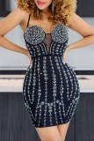 Black Sexy Patchwork Hot Drilling Backless Spaghetti Strap Wrapped Skirt Dresses