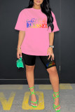 Pink Casual Letter Print Basic O Neck Short Sleeve Two Pieces