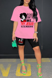 Red Casual Print Basic O Neck Short Sleeve Two Pieces