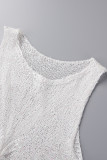 White Sexy Solid Hollowed Out Sequins Patchwork O Neck Tops