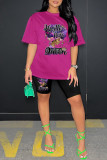 Pink Casual Print Basic O Neck Short Sleeve Two Pieces