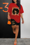 Red Casual Print Basic O Neck Short Sleeve Two Pieces