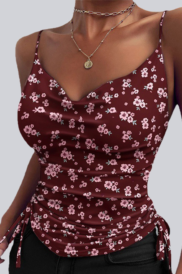 Burgundy Sexy Casual Street Print Solid Draw String Spaghetti Strap Tops