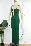Green Sexy Solid Hollowed Out Backless Spaghetti Strap Long Dress Dresses
