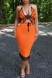 Orange Sexy Solid Tassel Bandage Backless Halter Sleeveless Two Pieces