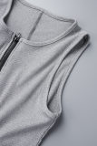 Grey Casual Solid Patchwork Zipper Collar Skinny Romper
