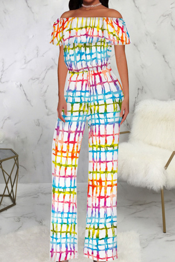 Colour Casual Print Patchwork Flounce Off the Shoulder Straight Jumpsuits
