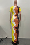 Yellow Casual Print Patchwork V Neck Short Sleeve Dress Dresses