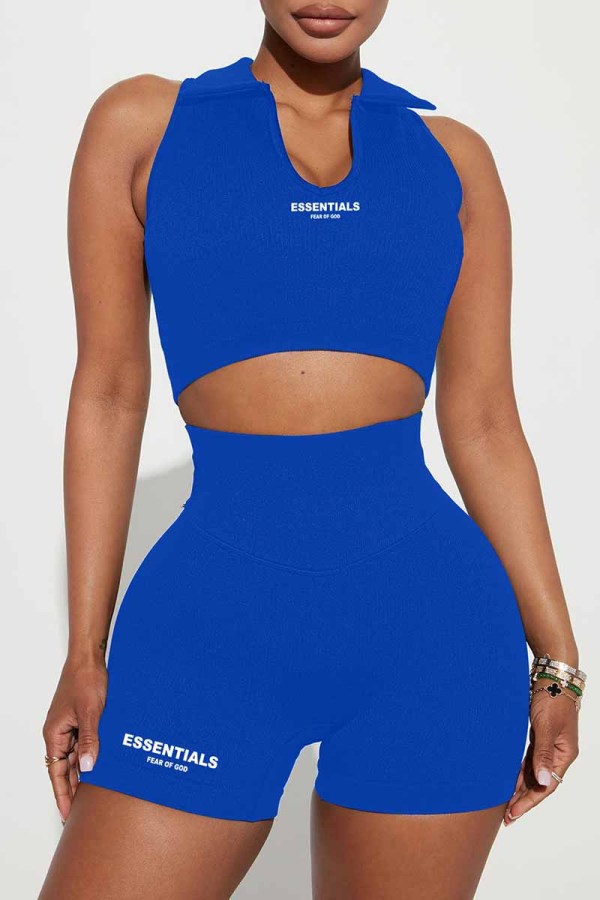 Blue Street Print Letter U Neck Sleeveless Two Pieces
