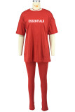 Red Casual Print Letter O Neck Short Sleeve Two Pieces