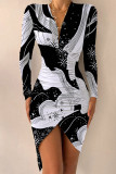 Black Brown Sexy Elegant Print Patchwork Fold V Neck Irregular Dress Dresses