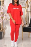 Red Casual Print Letter O Neck Short Sleeve Two Pieces