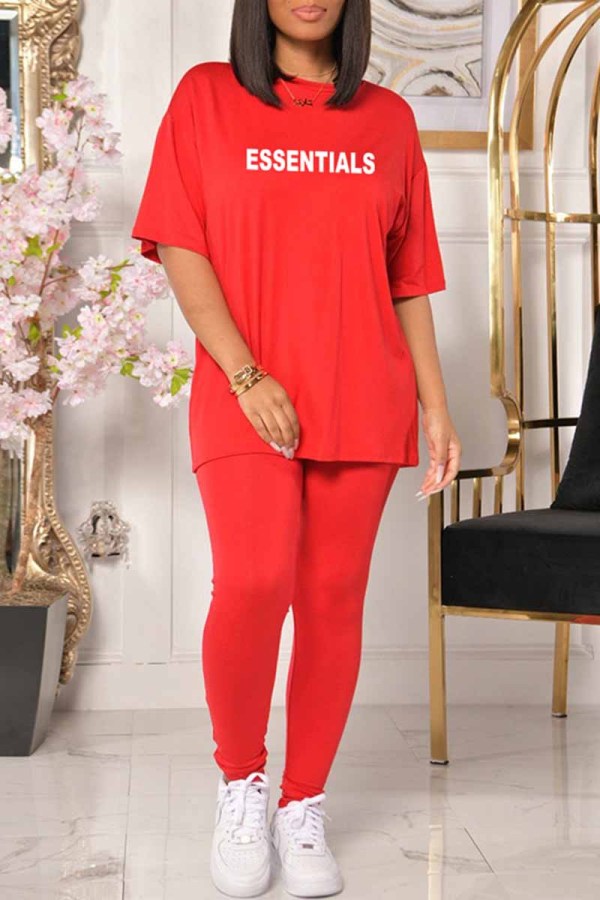 Red Casual Print Letter O Neck Short Sleeve Two Pieces