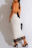 Black Sexy Solid Tassel Bandage Backless Halter Sleeveless Two Pieces