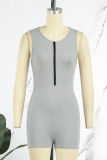 Grey Casual Solid Patchwork Zipper Collar Skinny Romper