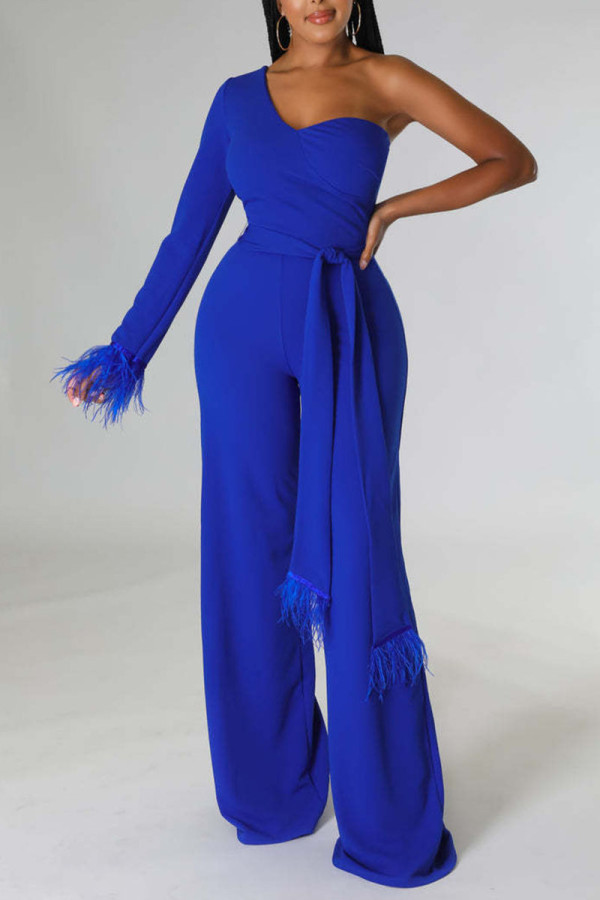 Blue Casual Solid Bandage Patchwork Feathers Asymmetrical Collar Regular Jumpsuits