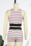 Pink Casual Sportswear Striped Print Basic O Neck Sleeveless Two Pieces