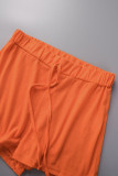 Tangerine Red Sexy Street Solid Patchwork Turndown Collar Half Sleeve Two Pieces