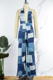 Blue Sexy Plaid Print Patchwork Backless Halter Straight Jumpsuits