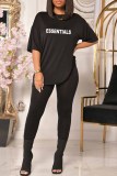 Red Casual Print Letter O Neck Short Sleeve Two Pieces