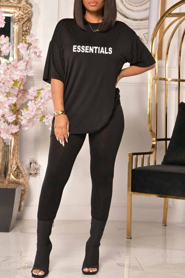 Black Casual Print Letter O Neck Short Sleeve Two Pieces