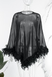 Black Sexy Solid Patchwork See-through Feathers Asymmetrical O Neck Irregular Dress Dresses