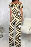 Colour Casual Print Patchwork Flounce Off the Shoulder Straight Jumpsuits