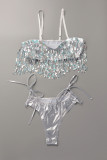 Silver Sexy Patchwork Tassel Sequins Backless Swimwears (Without Paddings)
