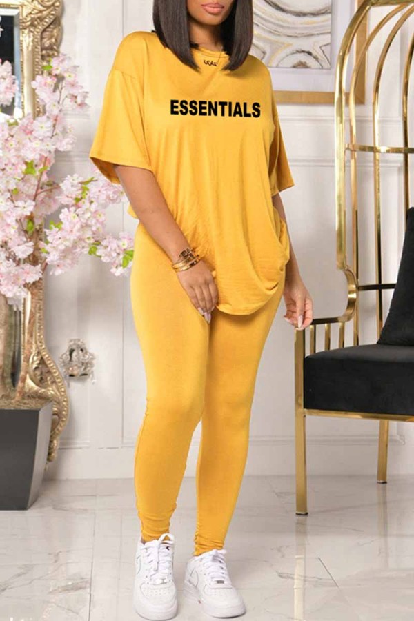 Yellow Casual Print Letter O Neck Short Sleeve Two Pieces