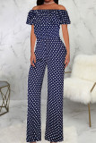 Colour Casual Print Patchwork Flounce Off the Shoulder Straight Jumpsuits