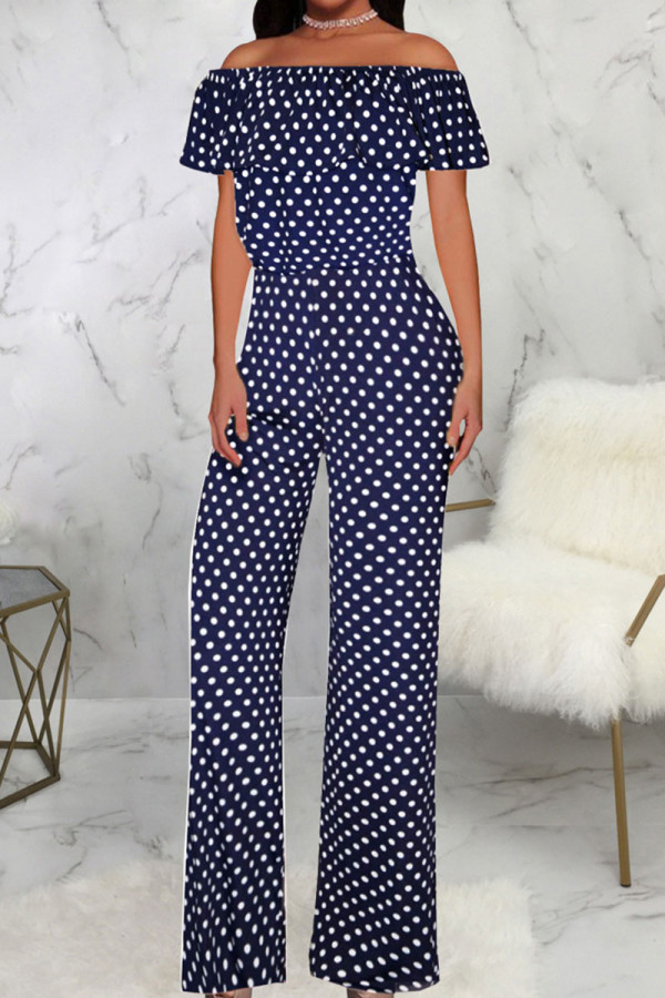 Blue White Casual Print Patchwork Flounce Off the Shoulder Straight Jumpsuits