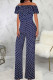 Blue White Casual Print Patchwork Flounce Off the Shoulder Straight Jumpsuits