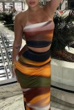 Brown Sexy Print Backless Strapless Sleeveless Two Pieces