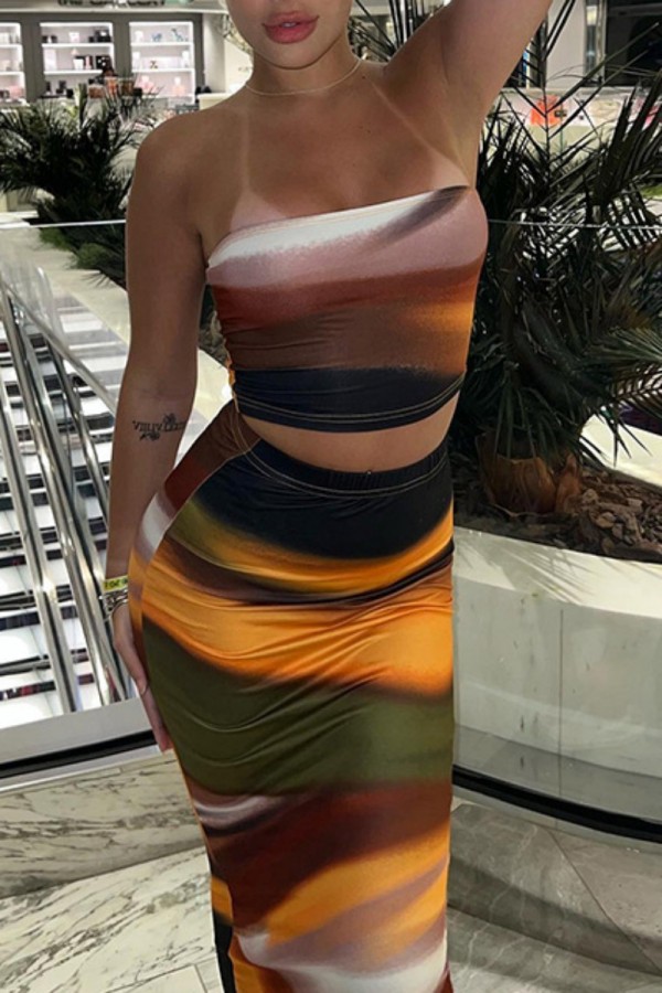 Brown Sexy Print Backless Strapless Sleeveless Two Pieces