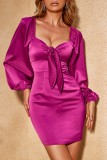 Fuchsia Sexy Casual Solid Patchwork Square Collar Long Sleeve Dresses