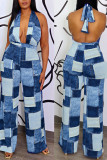 Blue Sexy Plaid Print Patchwork Backless Halter Straight Jumpsuits