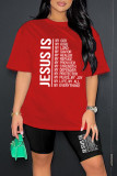 Rose Red Casual Letter Print Basic O Neck Short Sleeve Two Pieces