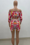 Multicolor Sexy Simplicity Print Patchwork Backless Off the Shoulder Three Quarter Two Pieces