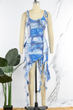Blue Sexy Print Bandage Backless Asymmetrical Spaghetti Strap Irregular Dress Dresses