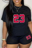 Black Casual Sportswear Daily Basic O Neck Short Sleeve Two Pieces