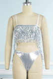 Silver Sexy Patchwork Tassel Sequins Backless Swimwears (Without Paddings)
