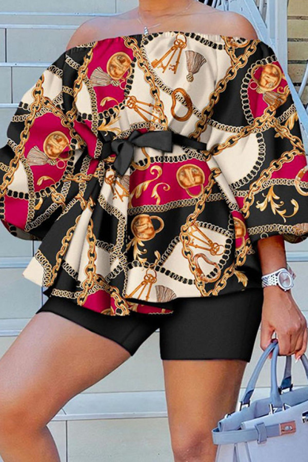 Black Red Casual Elegant Print Patchwork Off the Shoulder Three Quarter Two Pieces